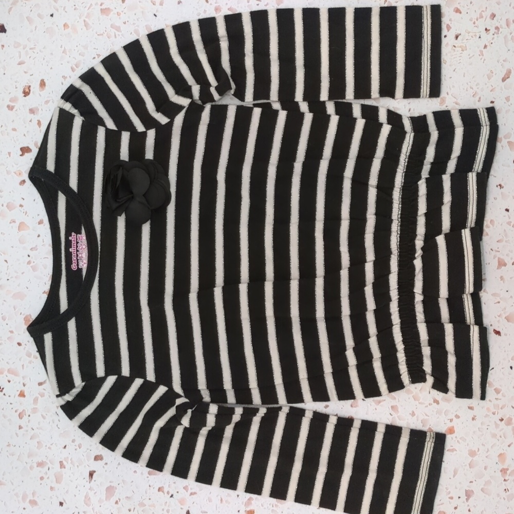 Garanimals | Black, Ivory, Metallic Gold Stripe Peplum Top, Fabric Flower | 4T